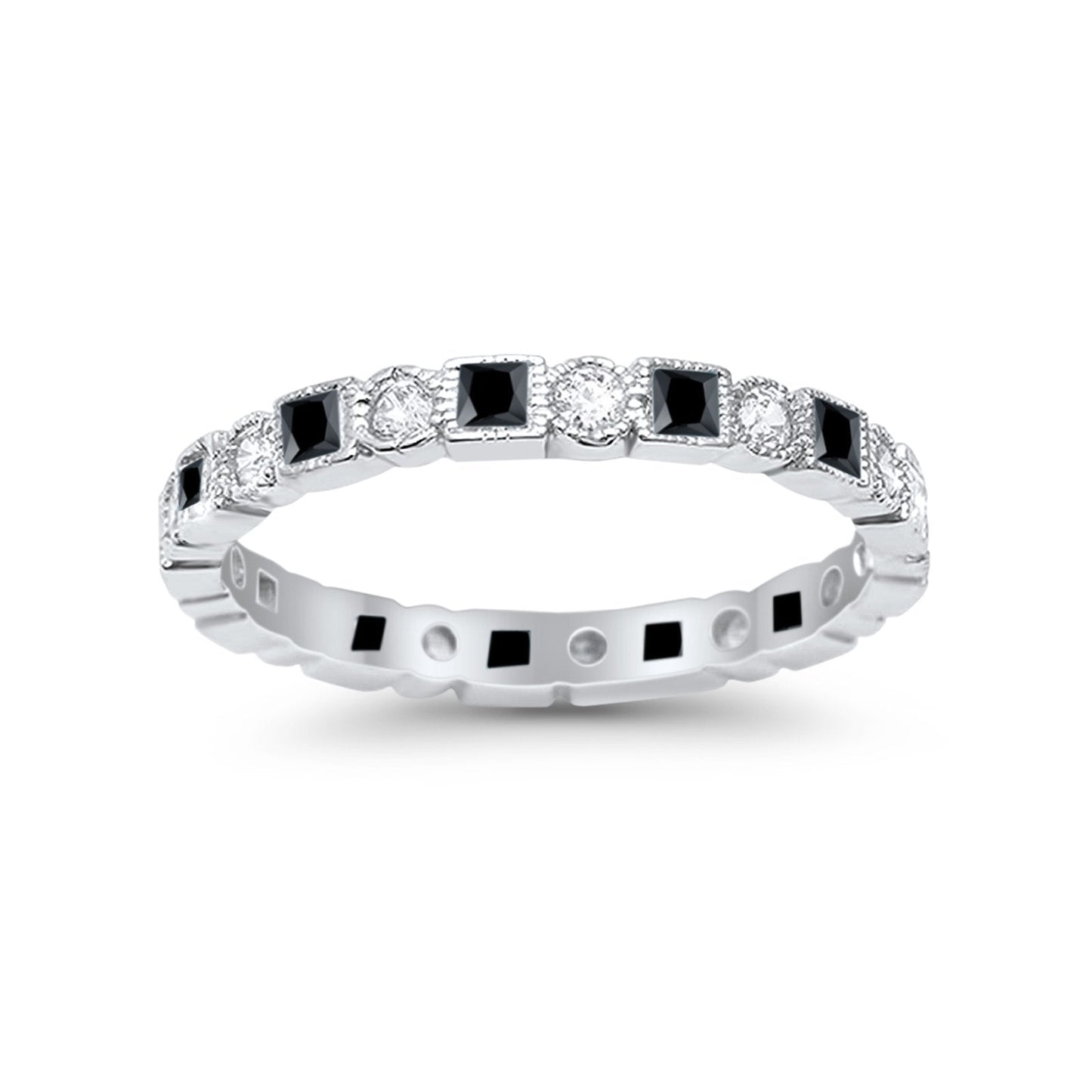 Bezel Set Eternity Ring Alternating Simulated Black CZ