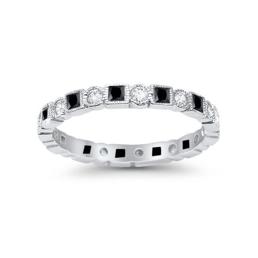 Bezel Set Eternity Ring Alternating Simulated Black CZ