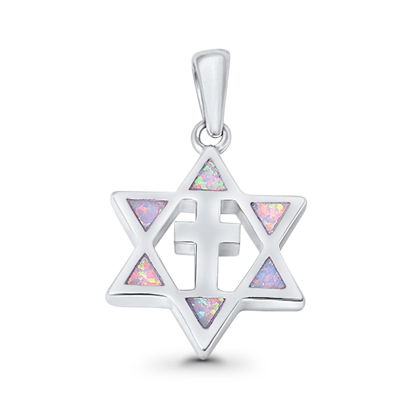 Lab Created White Opal Cross Star of David Pendant