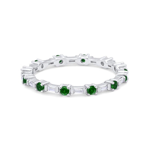 Full Eternity Wedding Band Round Baguette Simulated Green Emerald CZ