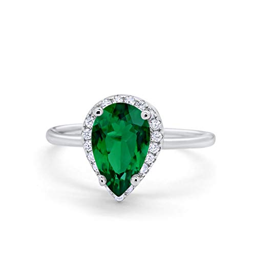 Halo Teardrop Wedding Ring Simulated Green Emerald CZ