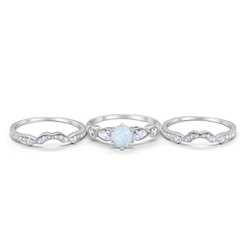 Three Piece Bridal Lab White Opal Wedding Promise Ring