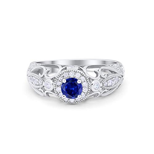 Filigree Engagement Ring Round Simulated Blue Sapphire CZ