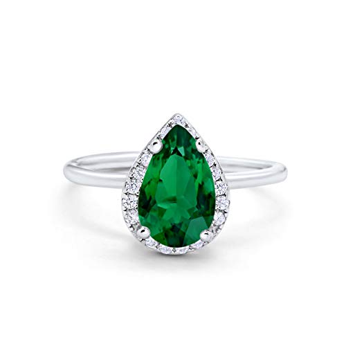 Halo Teardrop Wedding Ring Simulated Green Emerald CZ