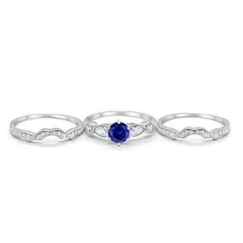 Three Piece Bridal Simulated Blue Sapphire CZ Wedding Promise Ring