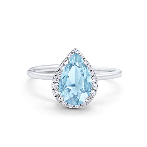 Halo Teardrop Wedding Ring Round Simulated Aquamarine CZ