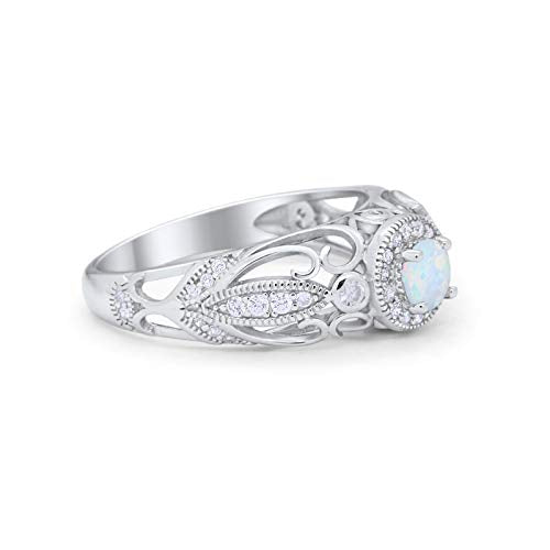 Filigree Engagement Ring Round Lab Created White Opal