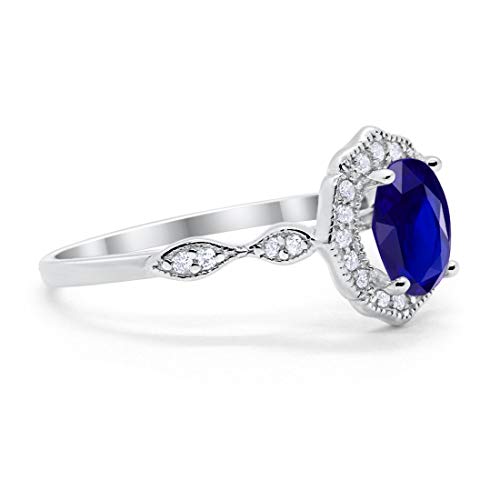 Antique Style Wedding Ring Oval Simulated Blue Sapphire CZ