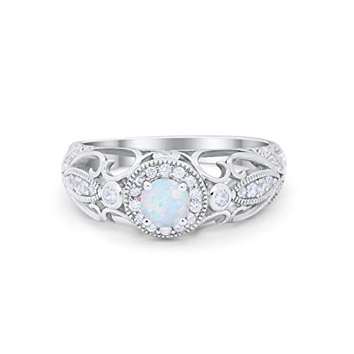 Filigree Engagement Ring Round Lab Created White Opal