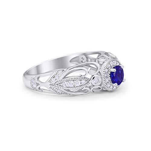 Filigree Engagement Ring Round Simulated Blue Sapphire CZ