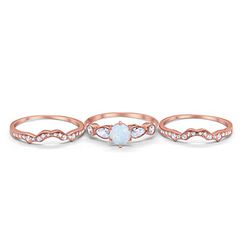 Three Piece Rose Tone, Lab White Opal Bridal Wedding Promise Ring