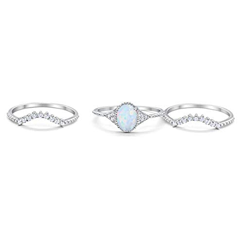 Three Piece Bridal Set Oval Round Lab White Opal Wedding Ring