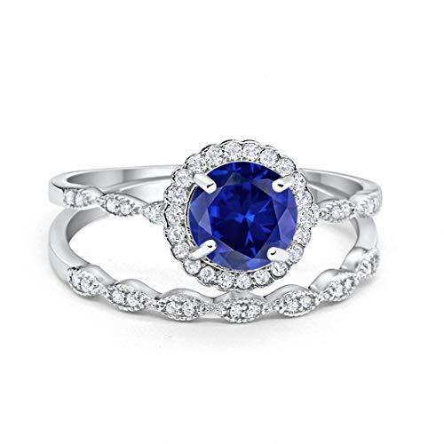 Two Piece Engagement Ring Round Simulated Blue Sapphire CZ