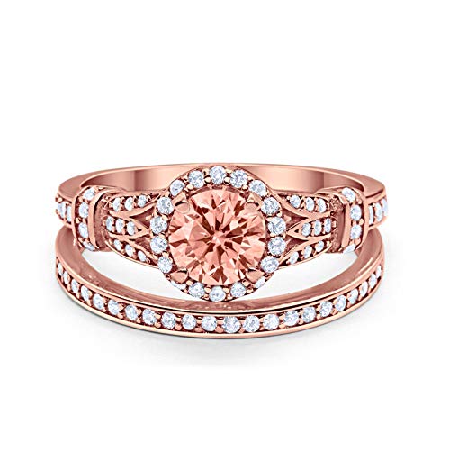 Two Piece Wedding Promise Ring Rose Tone, Simulated Morganite CZ