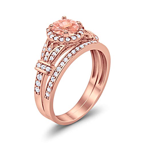 Two Piece Wedding Promise Ring Rose Tone, Simulated Morganite CZ