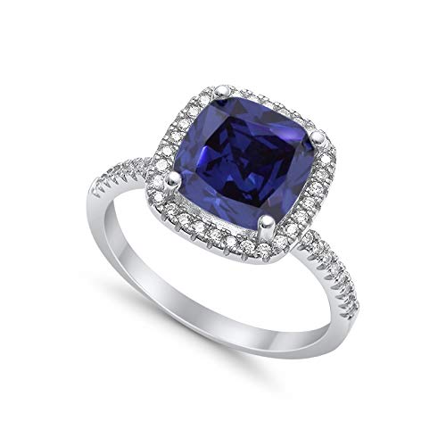 Halo Cushion Engagement Ring Simulated Blue Sapphire CZ