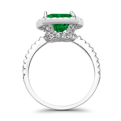 Halo Engagement Ring Accent Cushion Simulated Green Emerald CZ