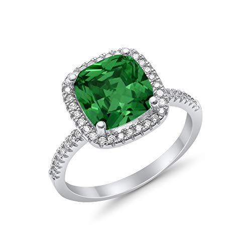 Halo Engagement Ring Accent Cushion Simulated Green Emerald CZ