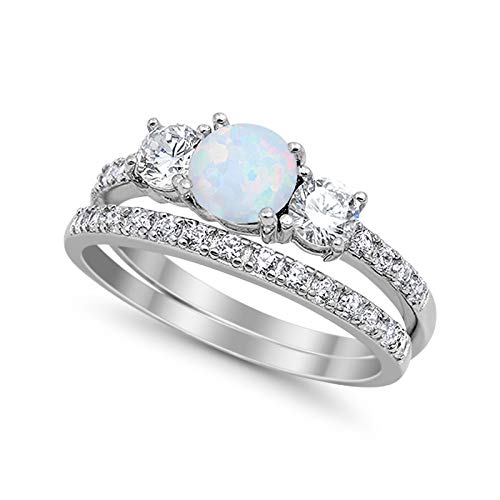 3-Stone Round Lab Created White Opal Wedding Bridal Piece Ring