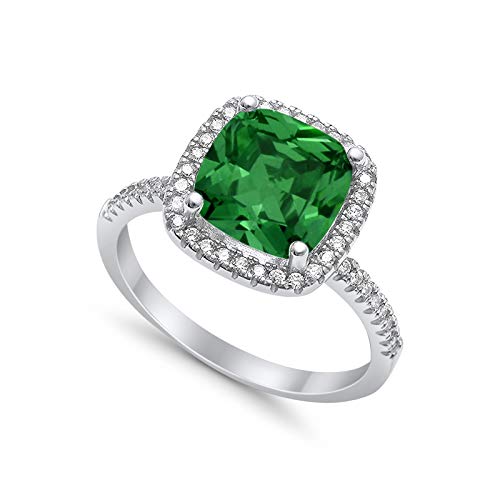 Halo Engagement Ring Accent Cushion Simulated Green Emerald CZ