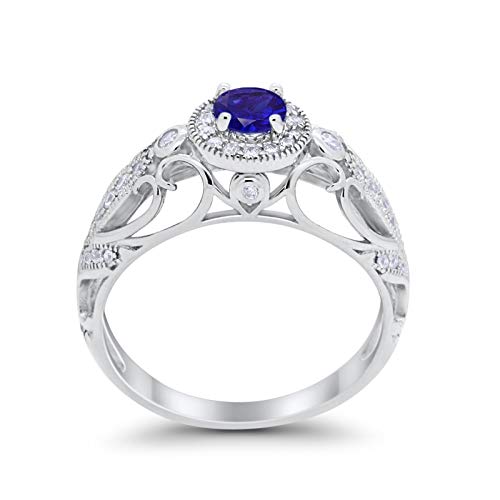 Filigree Engagement Ring Round Simulated Blue Sapphire CZ