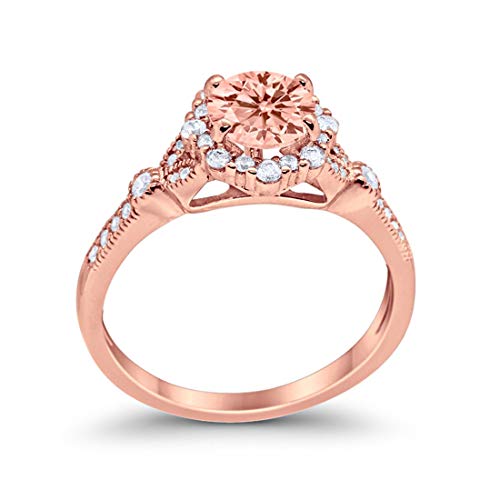 Floral Art Deco Engagement Ring Rose Tone, Simulated Morganite CZ=