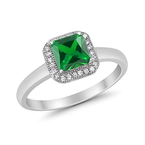 Halo Elegant Princess Cut  Simulated Green Emerald CZ Ring