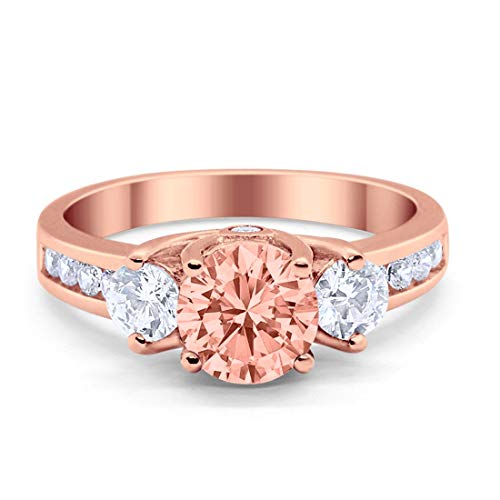 Three Stone Wedding Ring Round Rose Tone, Simulated Morganite CZ