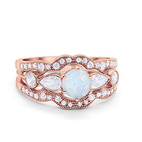 Three Piece Rose Tone, Lab White Opal Bridal Wedding Promise Ring