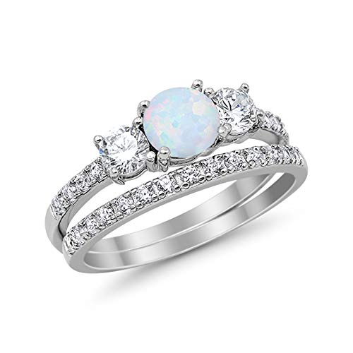 3-Stone Round Lab Created White Opal Wedding Bridal Piece Ring