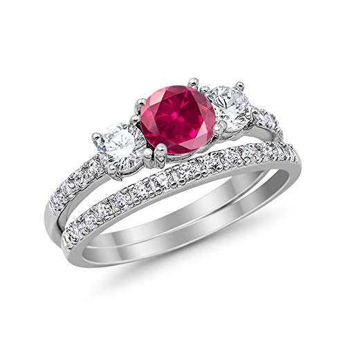 3-Stone Wedding Bridal Piece Ring Round Simulated Ruby CZ