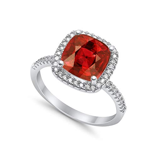 Halo Engagement Ring Accent Cushion Simulated Garnet CZ