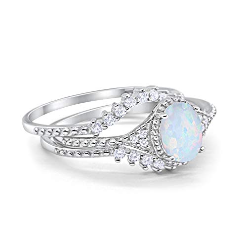 Three Piece Bridal Set Oval Round Lab White Opal Wedding Ring