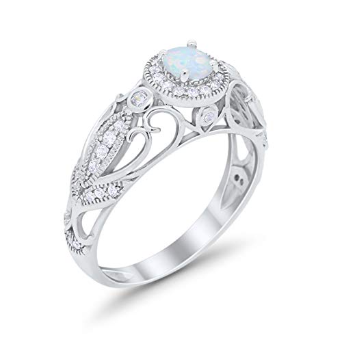 Filigree Engagement Ring Round Lab Created White Opal