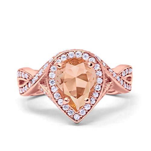 Teardrop Engagement Bridal Ring Rose Tone, Simulated Morganite CZ