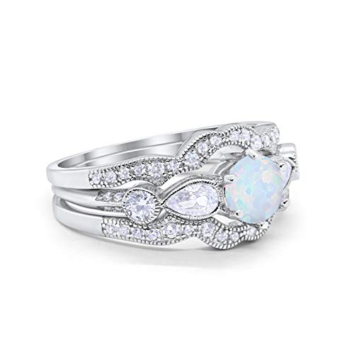 Three Piece Bridal Lab White Opal Wedding Promise Ring