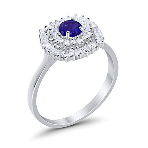 Halo Engagement Ring Baguette Simulated Blue Sapphire CZ