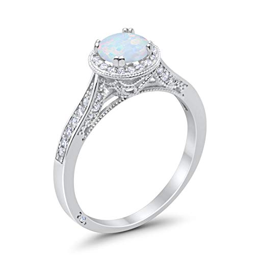 Halo Engagement Promise Ring Round Lab Created White Opal