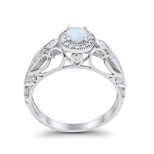 Filigree Engagement Ring Round Lab Created White Opal