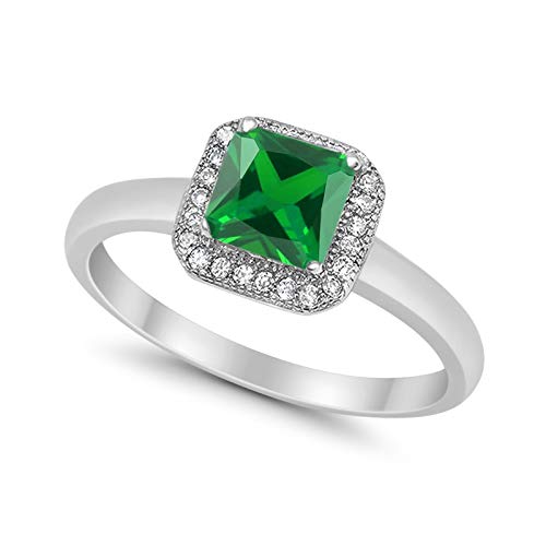 Halo Elegant Princess Cut  Simulated Green Emerald CZ Ring