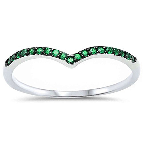 Chevron Midi V-Shape Simulated Green Emerald CZ Wedding Ring