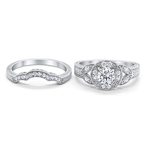 Two Piece Art Deco Round Simulated Cubic Zirconia Wedding Ring