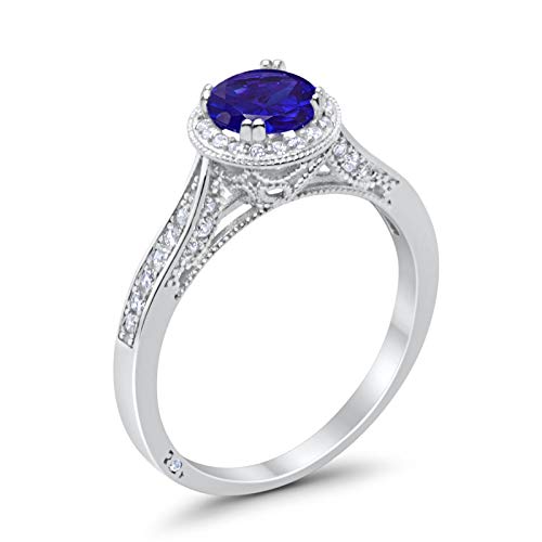 Halo Engagement Promise Ring Round Simulated Blue Sapphire CZ