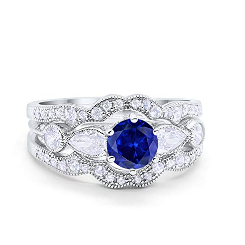 Three Piece Bridal Simulated Blue Sapphire CZ Wedding Promise Ring