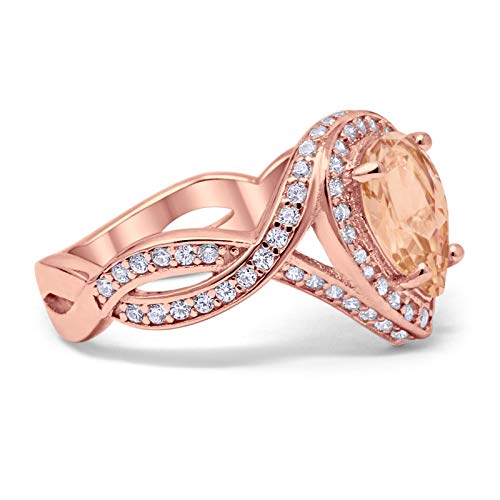 Teardrop Engagement Bridal Ring Rose Tone, Simulated Morganite CZ