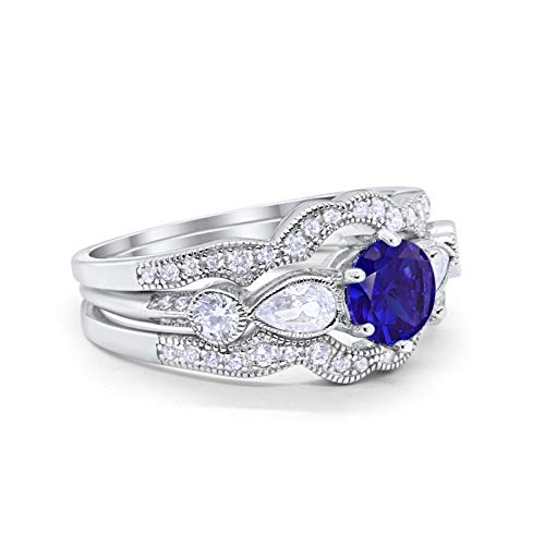 Three Piece Bridal Simulated Blue Sapphire CZ Wedding Promise Ring