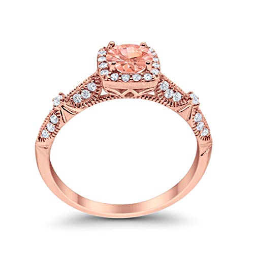 Halo Engagement Bridal Ring  Rose Tone, Simulated Morganite CZ