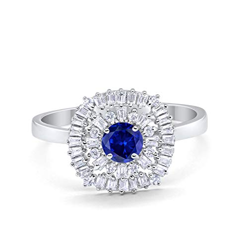 Halo Engagement Ring Baguette Simulated Blue Sapphire CZ