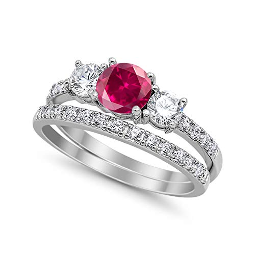 3-Stone Wedding Bridal Piece Ring Round Simulated Ruby CZ