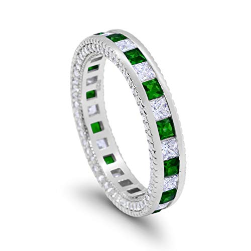 Eternity Ring Alternating Round Simulated Green Emerald CZ